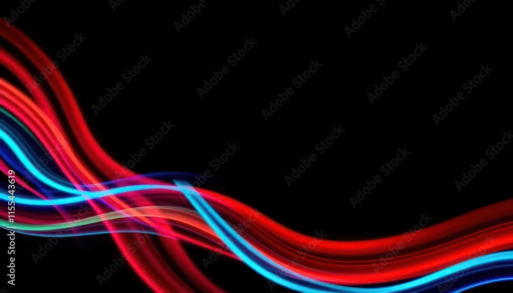 Poster an abstract flowing lines in red and blue color on black background