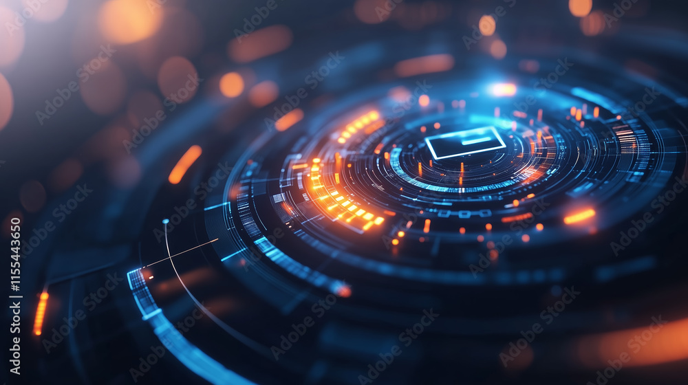 Poster digital abstract design featuring vibrant circular patterns and glowing elements in a futuristic sty