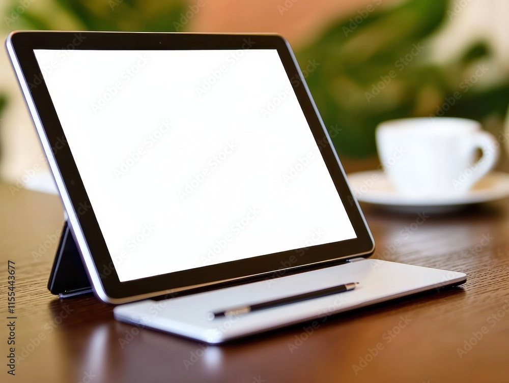 Aufkleber tablet with blank white screen placed on desk with pen and coffee cup in the background, showcasing 