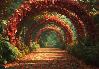 Tranquil Pathway Through Vibrant Red Arches of Autumn Leaves with Lush Green Foliage and Soft Light Filtering Through a Serene Forest Environment