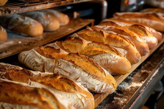Freshly baked artisan bread loaves cooling in a bakery near the oven during the early morning hours