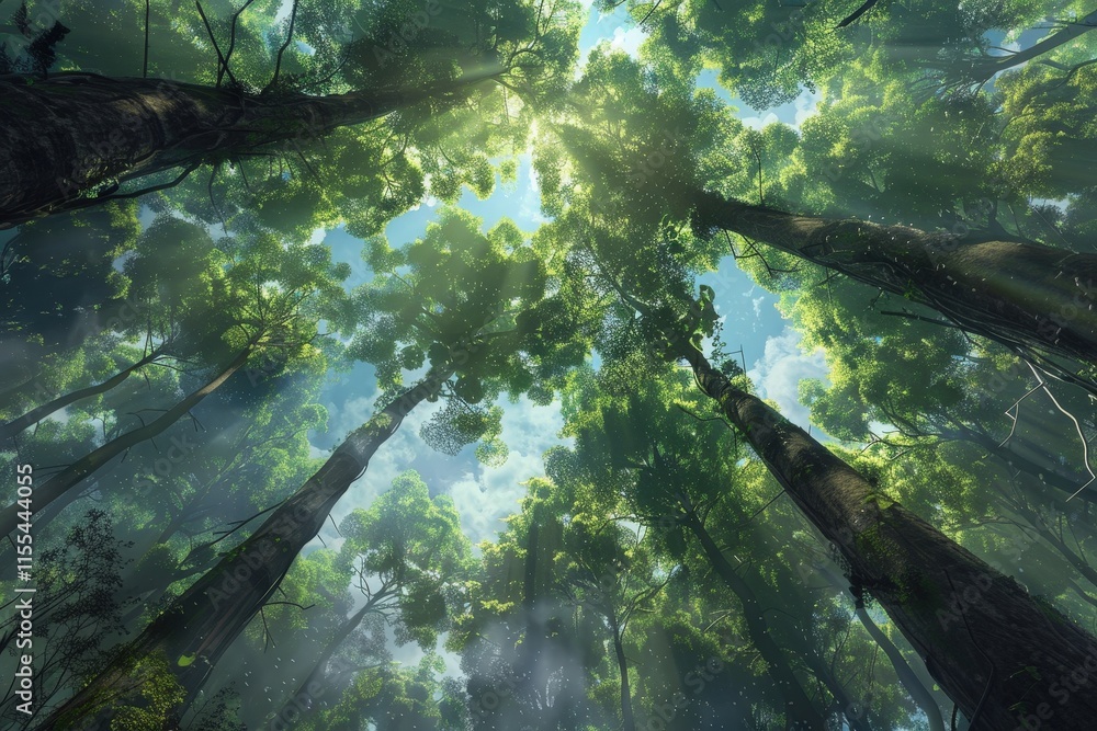 Poster sunlight filtering through tall trees in a lush green forest creates a serene and tranquil atmospher