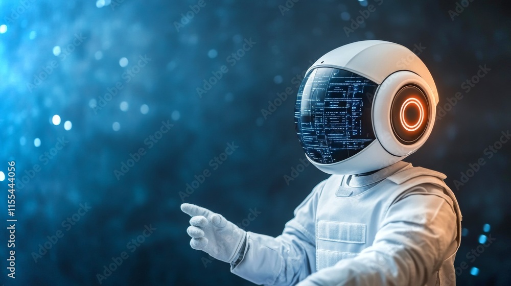 Poster futuristic robot character interacts in a high-tech environment with glowing visuals