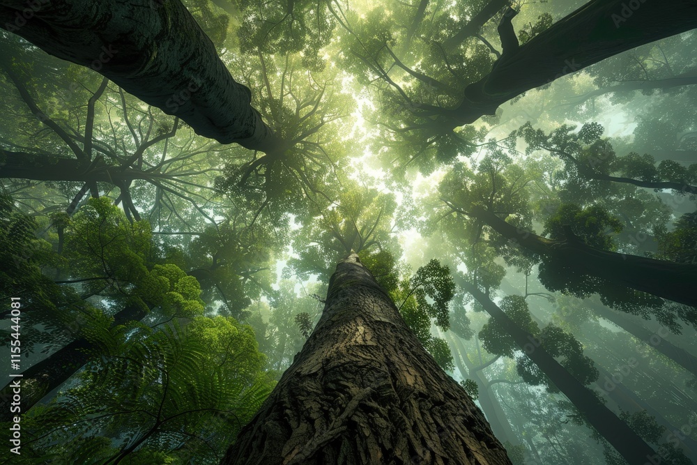 Poster Sunlight filtering through tall trees in a lush green forest creates a serene and tranquil atmosphere during early morning hours