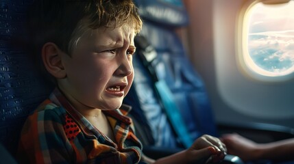 A young boy is crying on an airplane seat