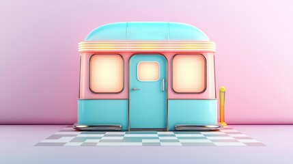 Retro Diner Shop Pastel Pink Blue 50s Style Cute Building