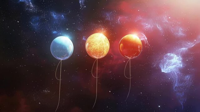 Over at the strong interaction area the proton balloon stands out with its three quark balloons attached to it.