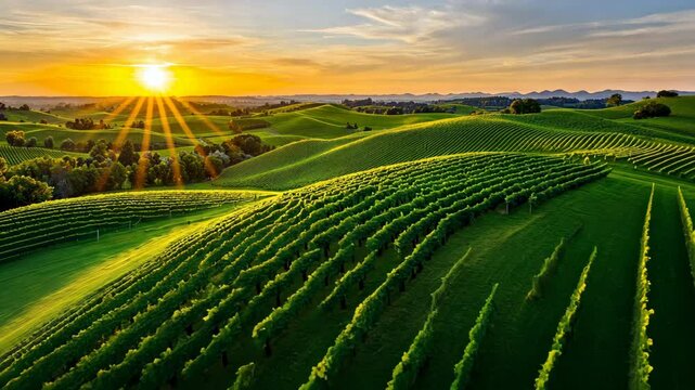 The vibrant green grapevines crisscrossing the undulating terrain create a mesmerizing tapestry under the warm, golden glow of the setting sun.