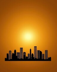 Black Silhouette City Skyline Against Golden Sunset Background