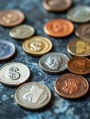 Assorted World Currency Coins on a Textured Surface Representing Global Economy Exchange : Generative AI