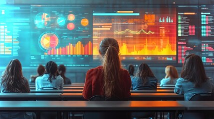 Analysis of data trends in a modern classroom filled with engaged students