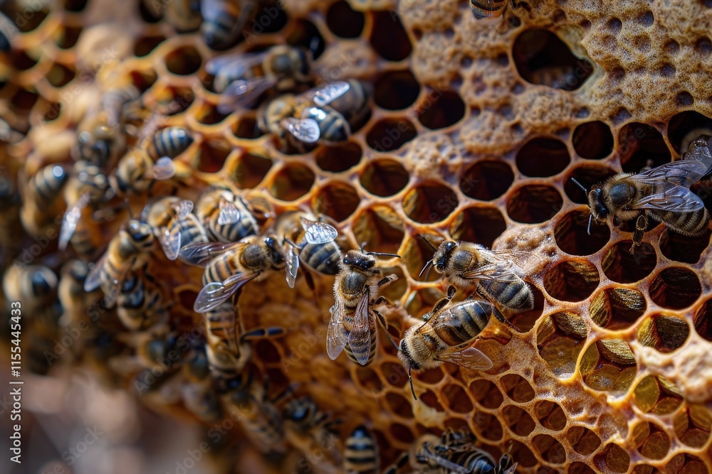 Poster close-up of a honeybee working on a honeycomb in a beehive during a sunny afternoon in a natural set