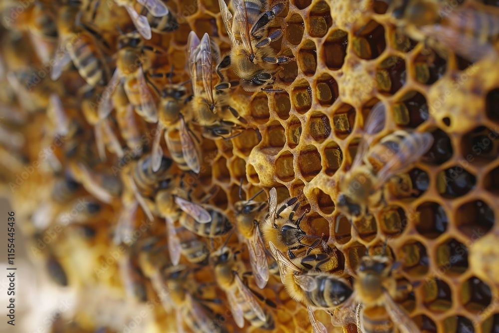 Poster close-up of a honeybee working on a honeycomb in a beehive during a sunny afternoon in a natural set