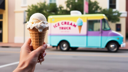close up of hand holding melting ice cream cone with colorful ice cream truck in background on sunny day