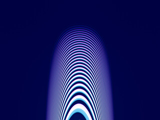 abstract shape in blue and white lines and futuristic glow on dark background. curved folded line. with diminishing perspective effect.. optical illusion. copy space