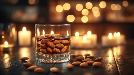 A glass of light amber-colored amaretto on an old wooden table, surrounded by scattered raw almonds and burning candles in the background