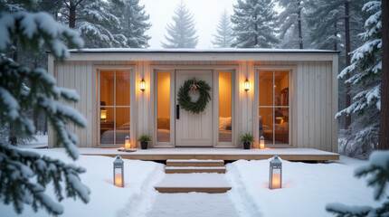 House Decorated for Christmas with a Front Door Adorned with a Wreath, Covered with Snow