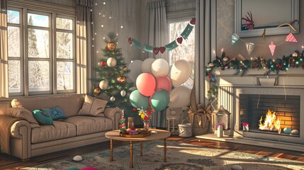 A Room Decorated for Happy New Year 2025 with Balloons and Lights