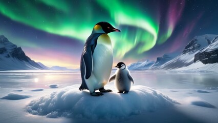 Fototapeta premium A penguin and a baby penguin are standing on a snow-covered ice floe