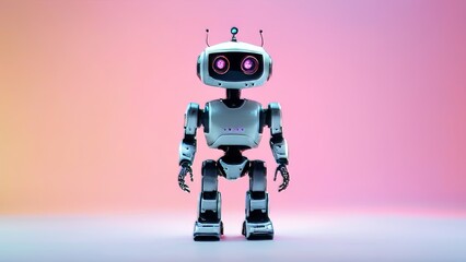 A robot with pink eyes stands in front of a pink background