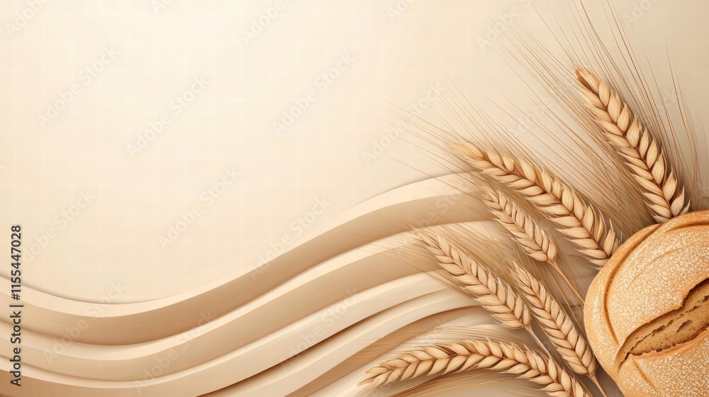 Poster Minimalist bread loaf with wheat grains on a neutral background for creative template and mock up designs. Generative AI