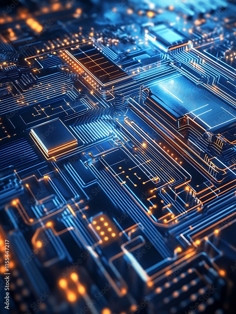 Aufkleber futuristic abstract circuit board illustration with glowing patterns in blue and orange : generative