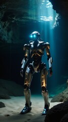 Fototapeta premium A robot is standing in a cave with blue light shining on it