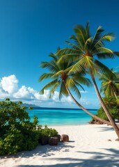 Fototapeta na wymiar Beach Wallpaper of Tropical exotic beach with coconut palm trees on blue ocean beach in paradise island beach wallpaper summer wallpaper beach background tropical nature