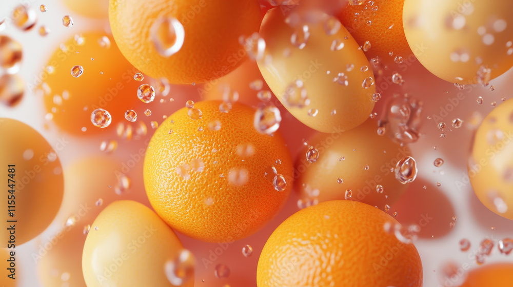 Poster fresh oranges and droplets of water create a refreshing display in a bright and lively setting
