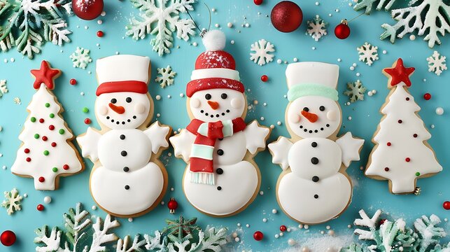 Holiday cookies shaped like snowmen and christmas trees set against a cheerful festive backdrop
