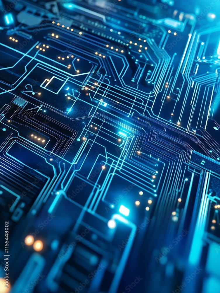 Aufkleber futuristic blue circuitry pattern illuminated close up with glowing neon traces for technology backg