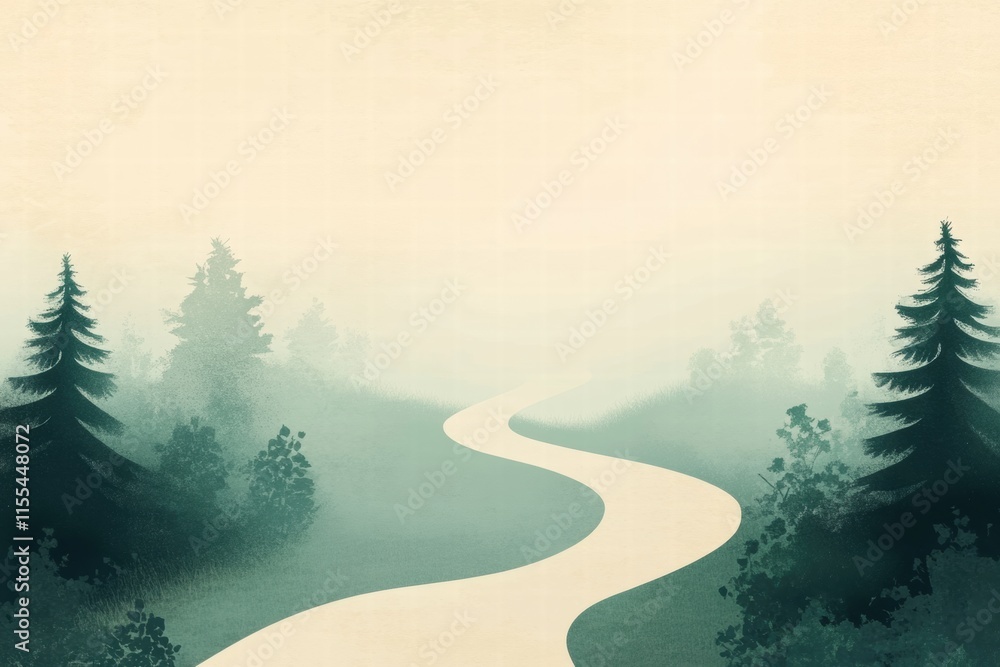 Leinwandbilder Winding forest path through foggy trees inviting exploration and tranquility in a minimalist setting. Generative AI