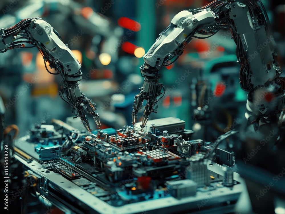 Poster robotic arms assembling a circuit board in a high-tech industrial environment.