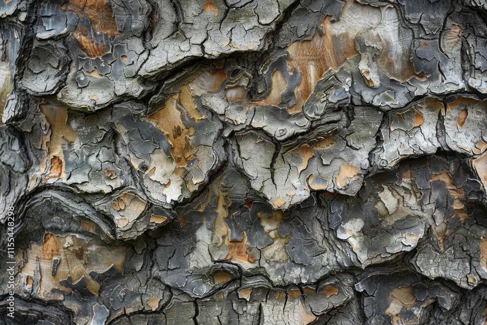 Poster textured bark showcasing intricate patterns and natural coloration from a mature tree in a forest du