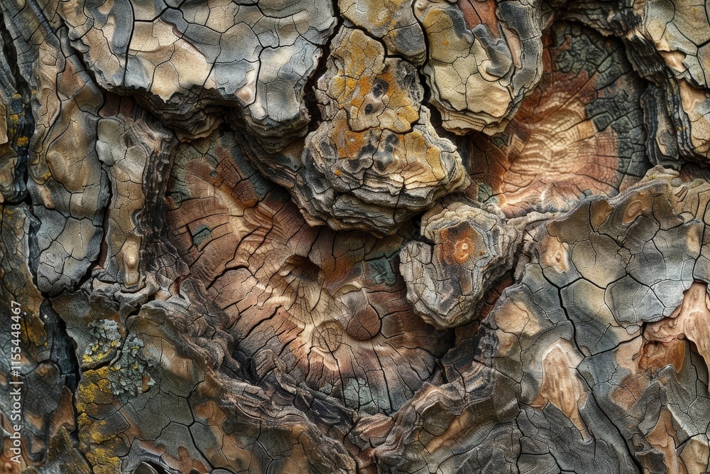Poster Textured bark showcasing intricate patterns and natural coloration from a mature tree in a forest during daylight