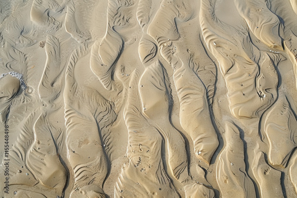 Poster Beautiful patterns on a sandy beach at low tide with gentle waves creating a serene landscape in the sunlight