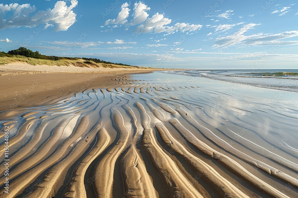 Poster Beautiful patterns on a sandy beach at low tide with gentle waves creating a serene landscape in the sunlight