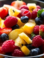 Vibrant Mixed Fresh Fruit Salad with Berries Pineapple Apple and Kiwi for a Healthy Snack or Dessert : Generative AI