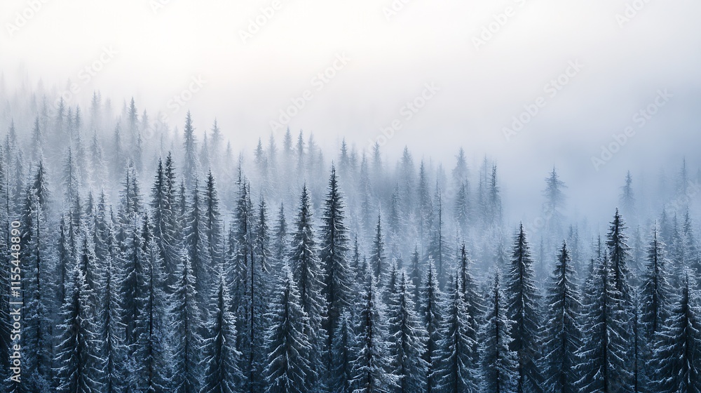 Poster majestic pine forest in winter enveloped in mystical snow and haze : generative ai