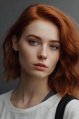 Fototapeta premium Young woman with red wavy hair, wearing a white T-shirt and a black backpack, on a gray background, close-up, stylish and modern appearance