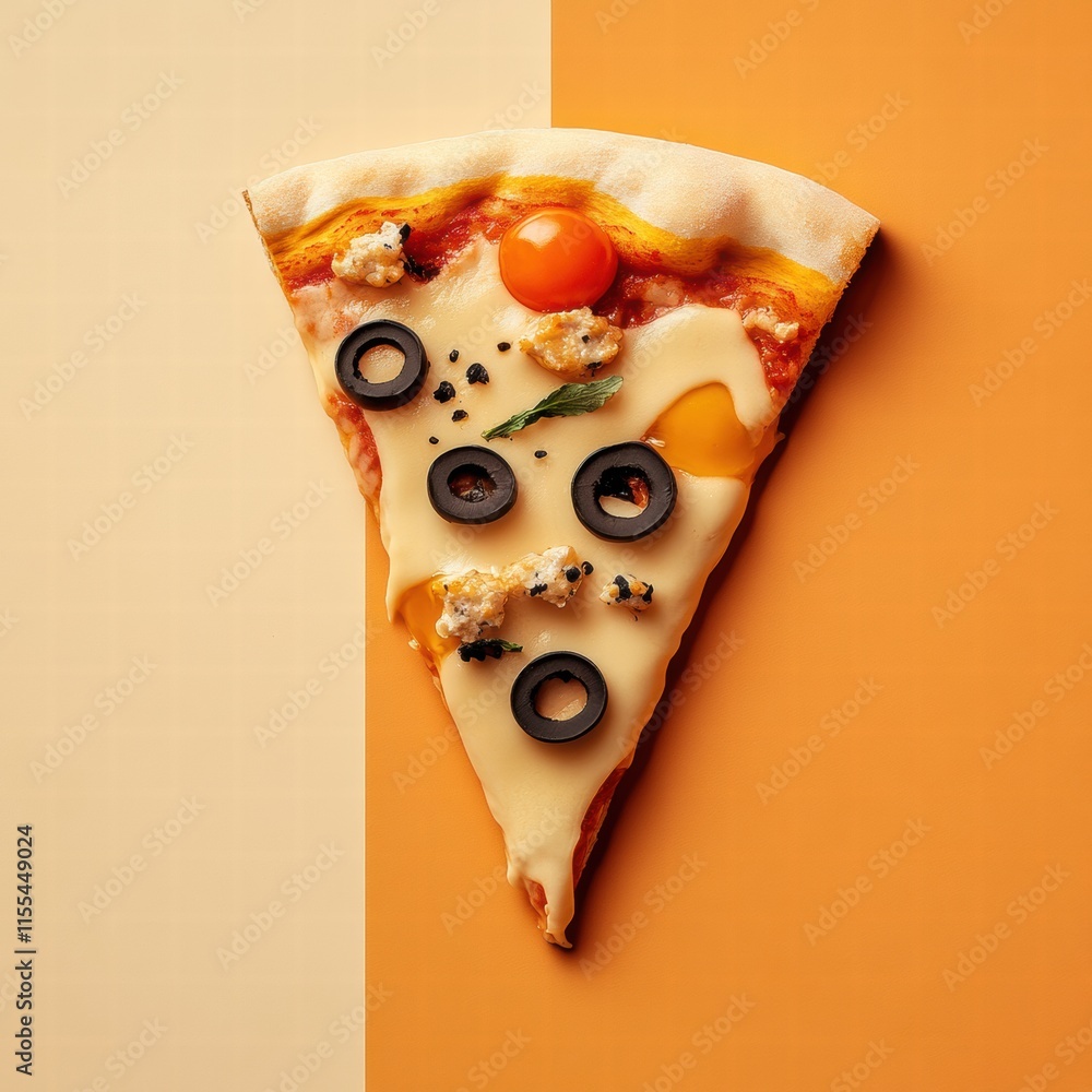 Aufkleber Creative pizza slice with vibrant toppings and unique cheese drips on minimalist background. Generative AI