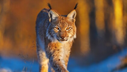 Enigmatic Lynx Stealthily Roaming Saffron-Dappled Forest in Crepuscular Twilight