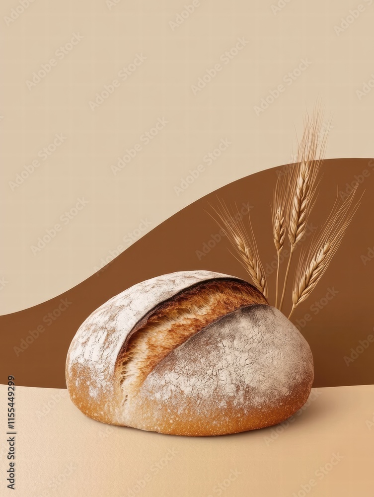 Fototapete minimalist bread loaf with wheat grains on a neutral background for text placement. generative ai
