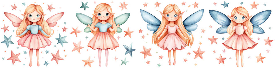 Fairy and myth sparkle, Four whimsical fairies with pastel wings and dresses, each holding different items, surrounded by stars.