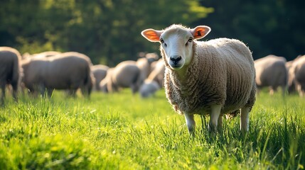 Obraz premium Curious Sheep Standing in Sunlit Lush Green Pasture Facing Camera : Generative AI