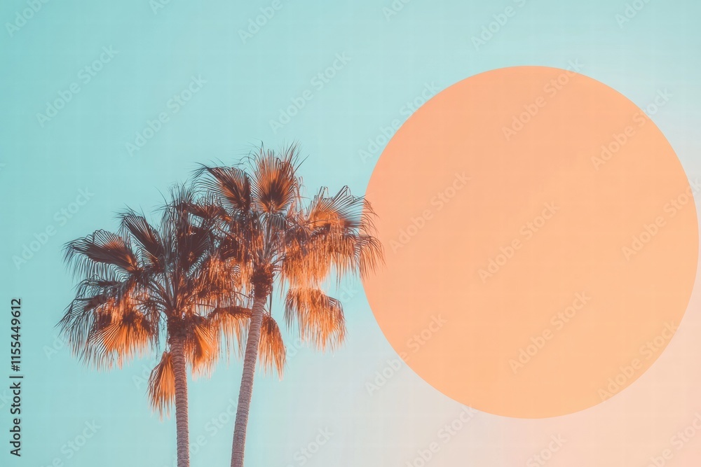 Poster charming palm trees basking under a pastel orange sun against a serene blue gradient background. gen