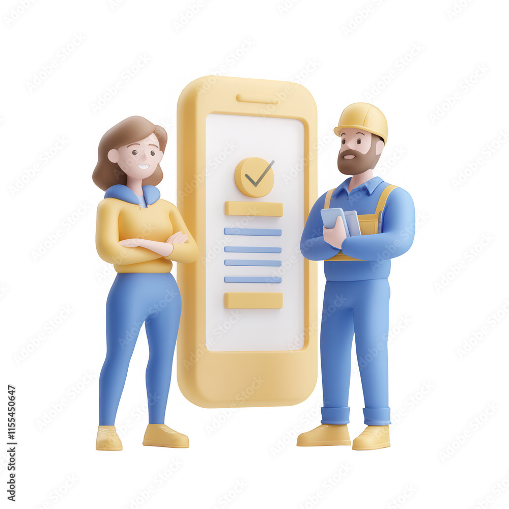 Poster professional teamwork illustration with a checklist on a mobile device., isolated on a transparent b