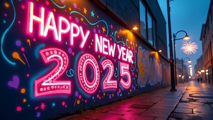 Happy New Year 2025! Neon Graffiti Mural on City Street at Night