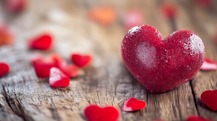 Obraz premium Rustic wooden surface with sparkling heart and scattered hearts for romance : Generative AI