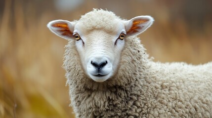 Obraz premium Closeup Portrait of a Curious Sheep in Autumn Meadow with Golden Grass : Generative AI